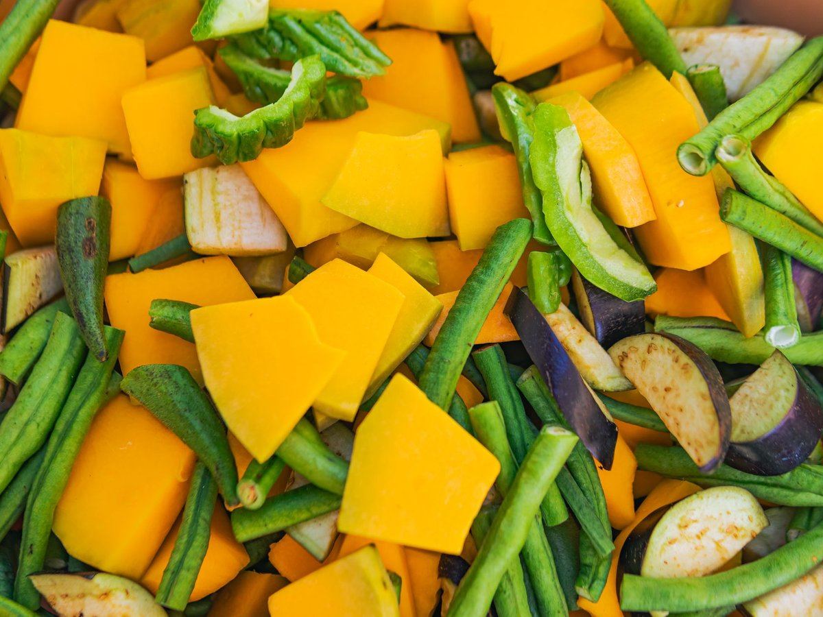 Colorful fresh vegetables prepped for food production